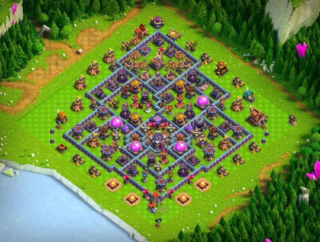 TH15 Farming Base Symmetrical Diamond Layout with Bottom-Offset Town Hall and Segmented Storage Cells