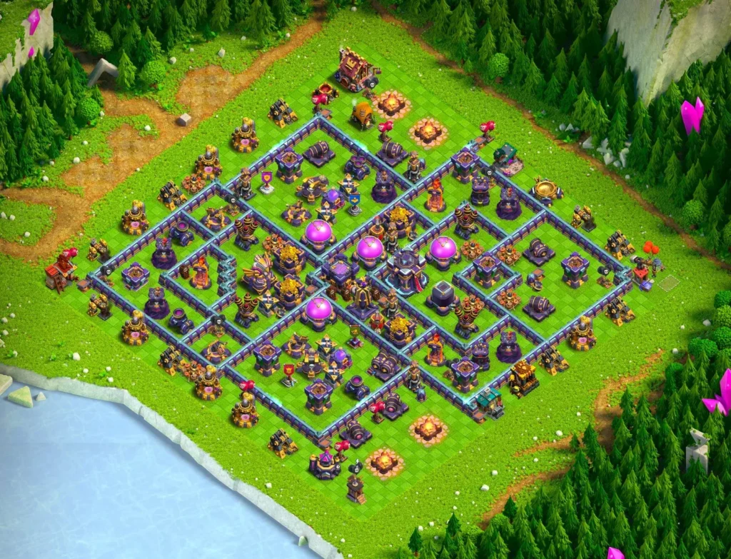 TH15 Farming Base Concentric Diamond Layout with Right-Offset Town Hall and Decentralized Storage Cells