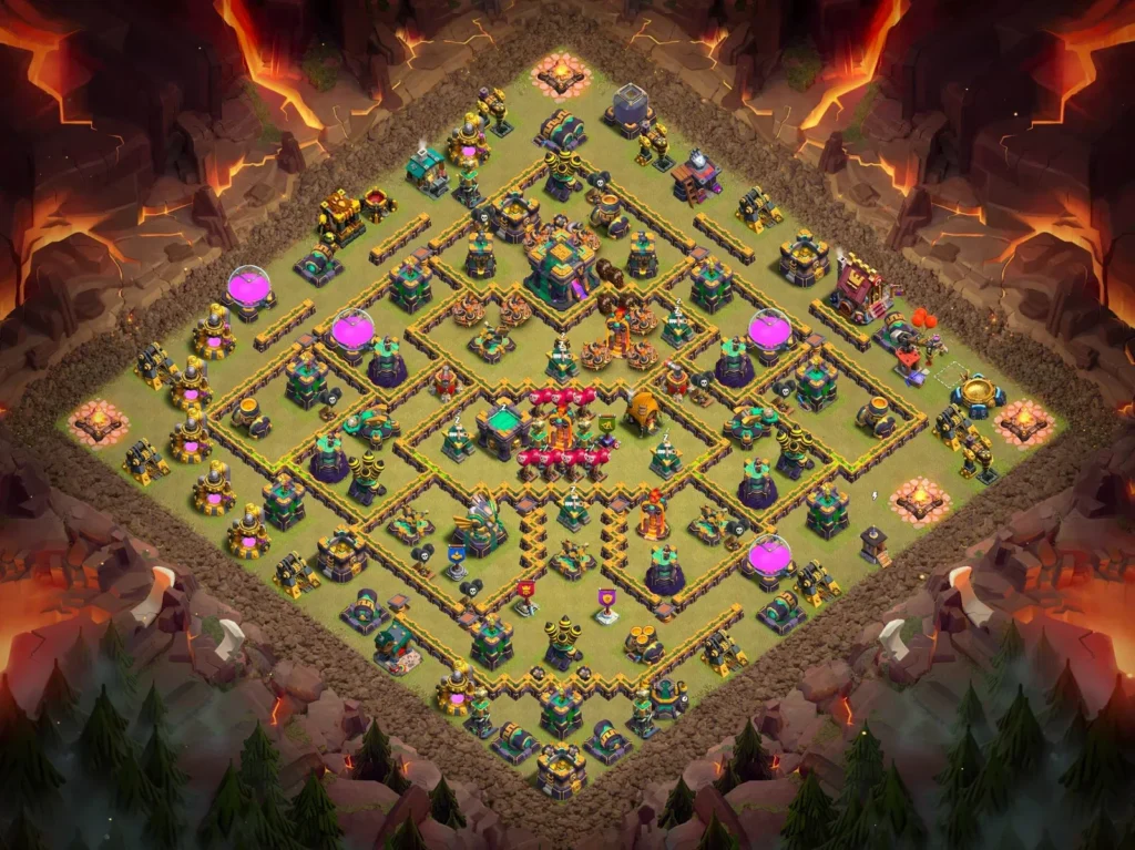 TH14 Anti-3-Star Symmetrical Diamond War Base with Centralized Clan Castle and Fortified Core