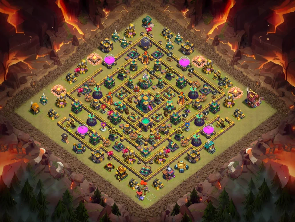TH14 Anti-3-Star Symmetrical Diamond War Base with Centralized Town Hall and Concentric Defense Layers