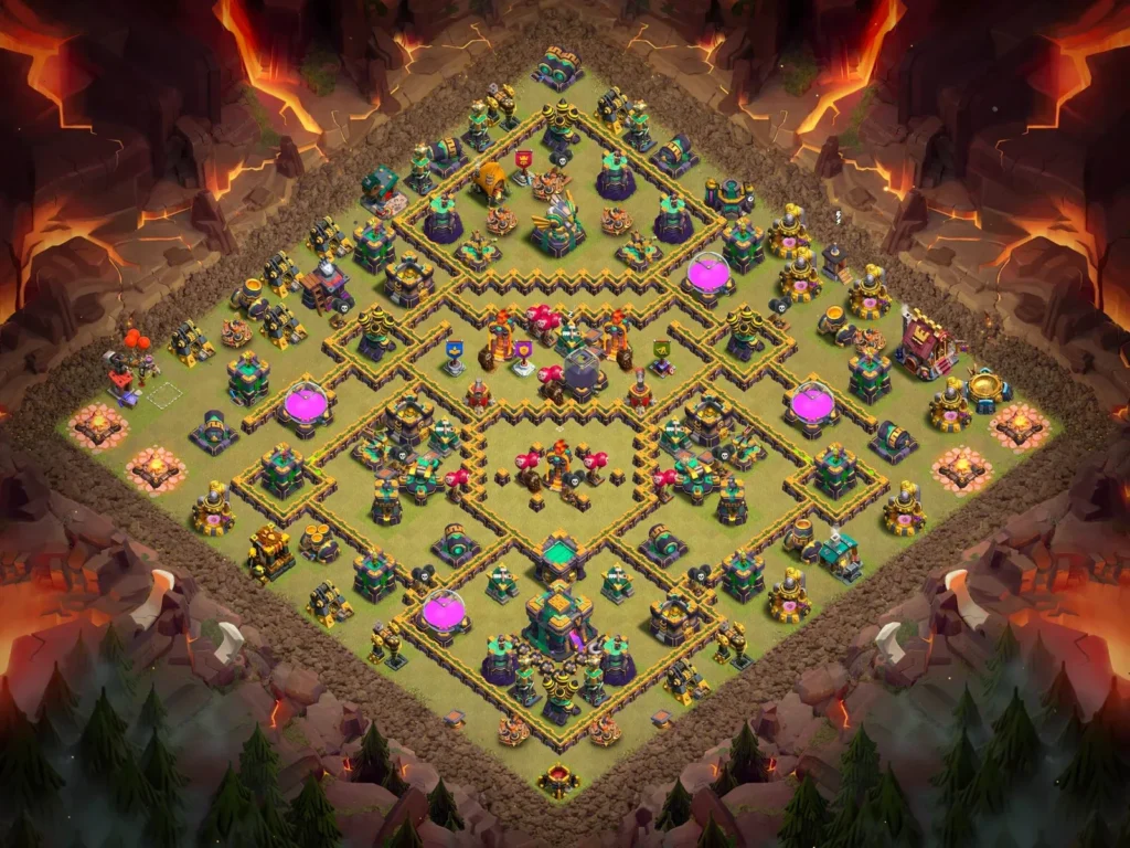 TH14 Anti-3-Star Symmetrical Diamond War Base with Centralized Clan Castle and Fortified Core