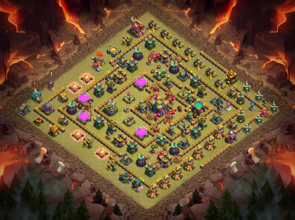 TH14 Anti-3-Star Symmetrical Diamond War Base with Centralized Town Hall and Concentric Defense Layers