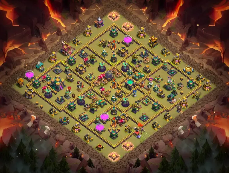 TH14 Anti-3-Star Asymmetrical War Base with Centralized Clan Castle and Segmented Defensive Core