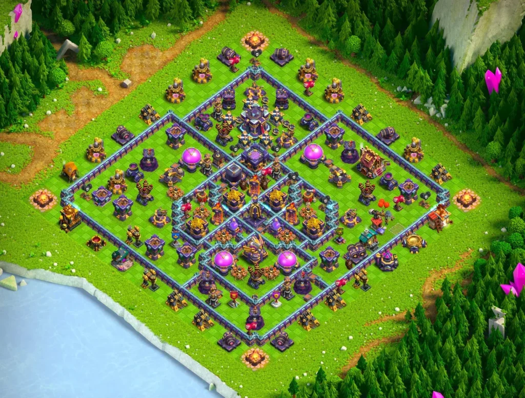 TH15 Farming Base Diamond Cross Layout with Top-Offset Town Hall and Centralized Core Protection