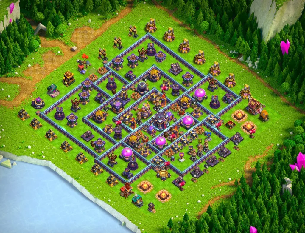 TH15 Farming Base Concentric Diamond Layout with Right-Offset Core and Segmented Resource Cells