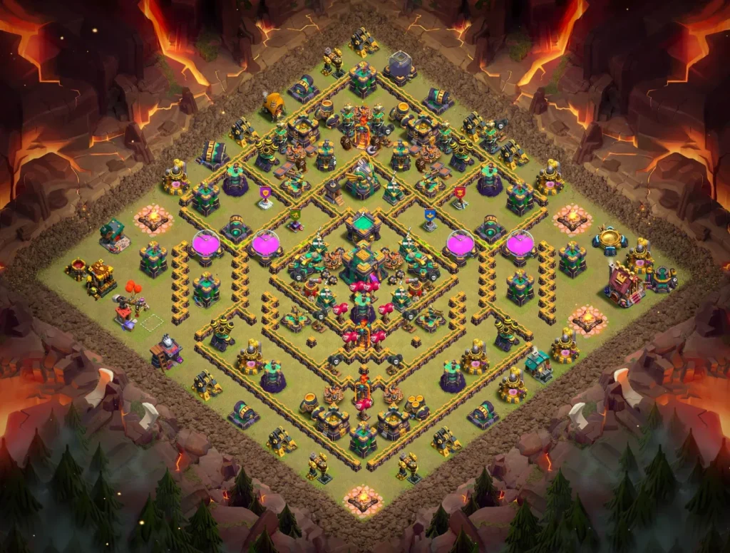 TH14 Anti-3-Star Diamond War Layout with Centralized Town Hall and Compartmentalized Core Dead-Zones