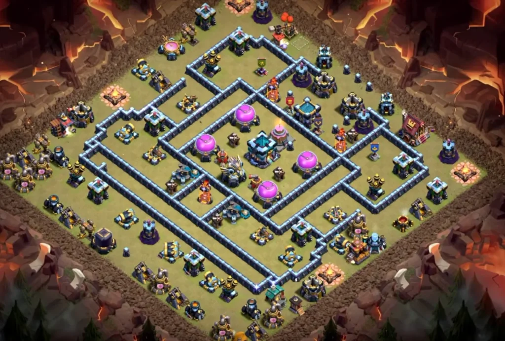 TH13 War Base with Cake-A-Pult — Anti 3 Star CWL Long Corridor Open Perimeter Clashiversary Layout (August 2026) + Copy Link