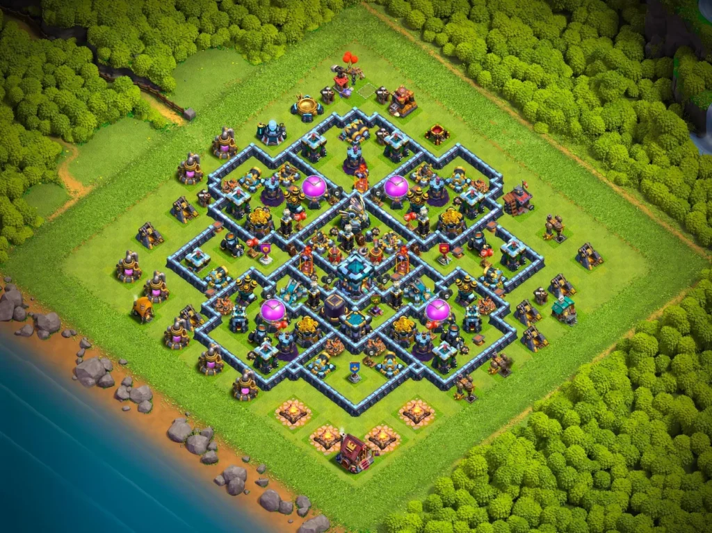 TH13 Farming Base: Symmetric Interlocking Cross Layout