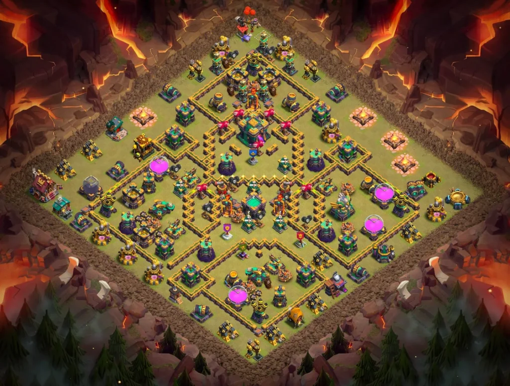 TH14 Anti-3-Star Ring-Style War Layout with Top-Offset Town Hall and Elongated Core Dead-Zones