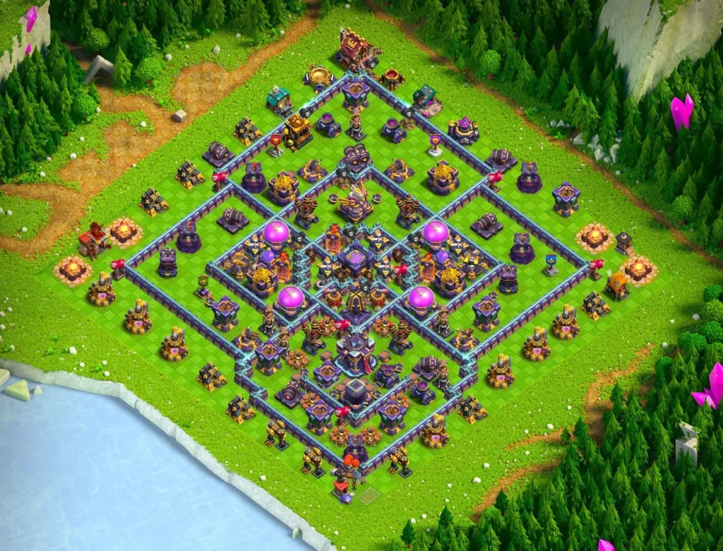 TH15 Farming Base Diamond Cross Layout with Bottom-Offset Town Hall and Centralized Dark Elixir Protection
