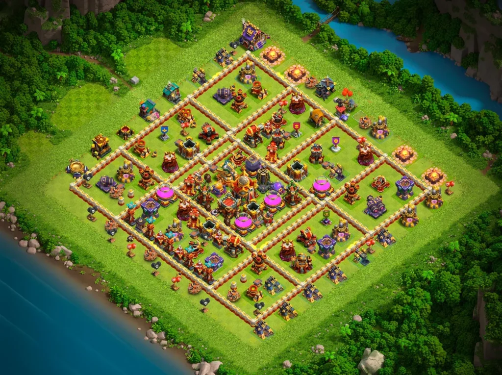 TH16 Farming Base: Symmetrical Grid Defense Layout
