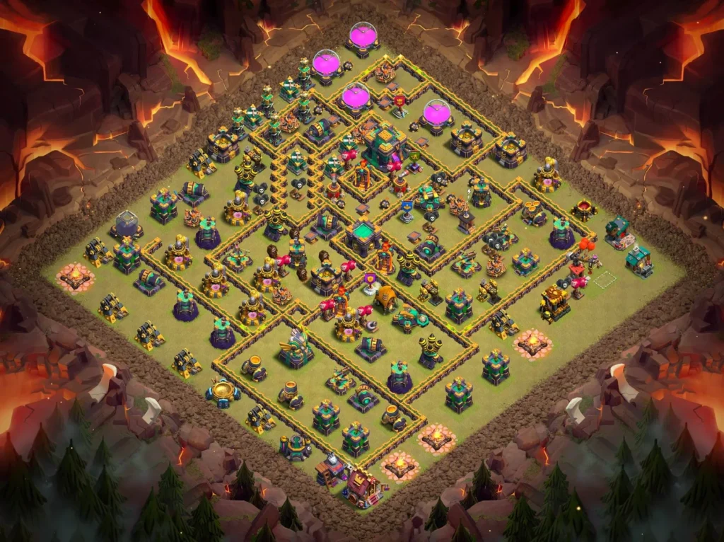 TH14 Anti-3-Star Asymmetrical Box Layout with Top-Offset Town Hall and Islanded Defensive Compartments