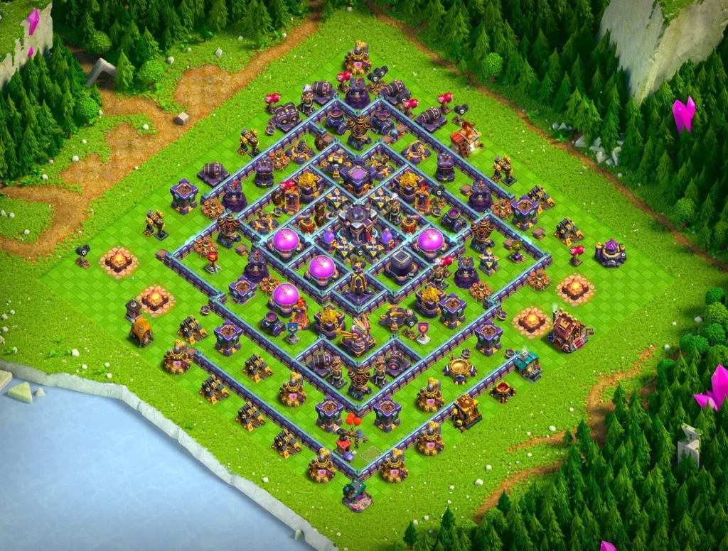 TH15 Farming Base Symmetrical Concentric Diamond Layout with Centralized Town Hall and Maximized Storage Isolation