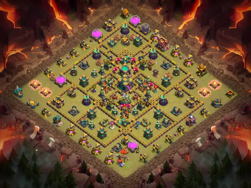 TH14 Anti-3-Star Symmetrical Diamond War Base with Centralized Town Hall and Concentric Defense Layers