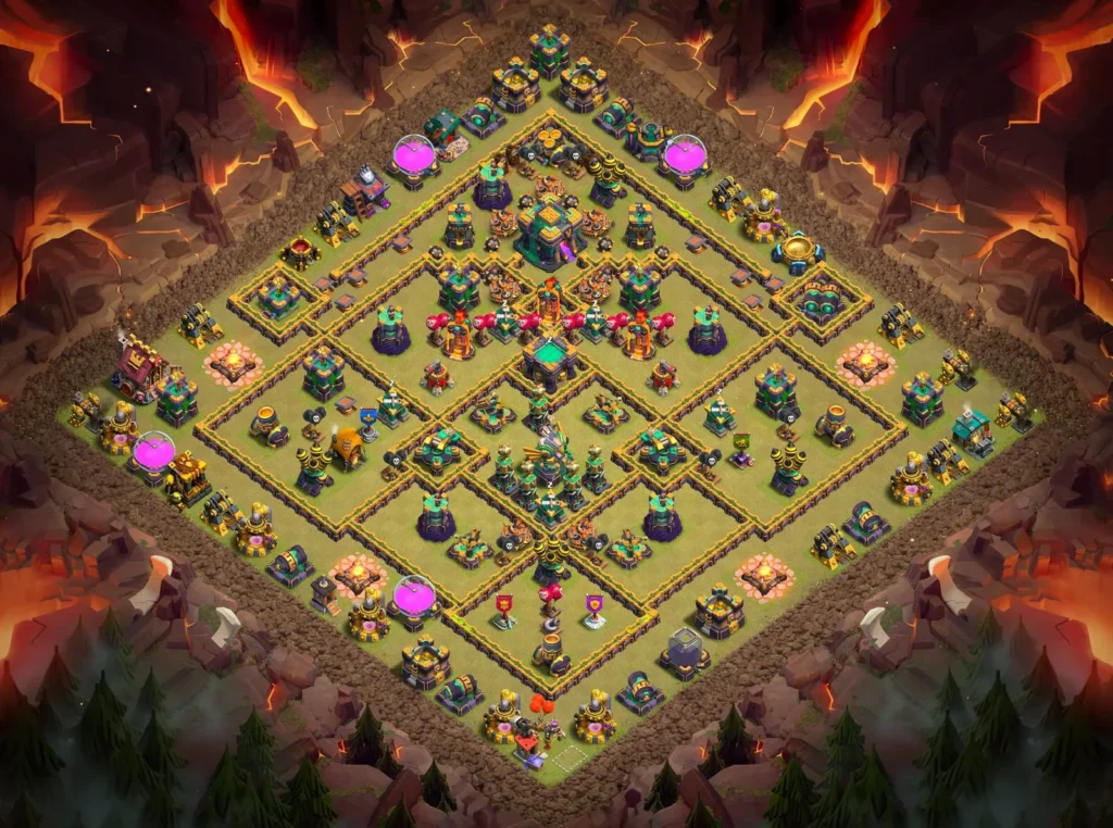 TH14 Anti-3-Star Symmetrical Diamond War Base with Centralized Clan Castle and Fortified Core