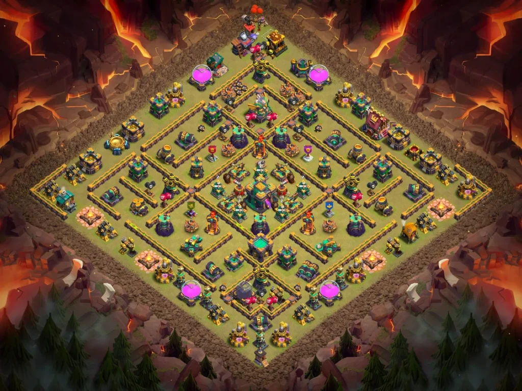 H14 Anti-3-Star Symmetrical Diamond War Base with Centralized Town Hall and Fortified Core