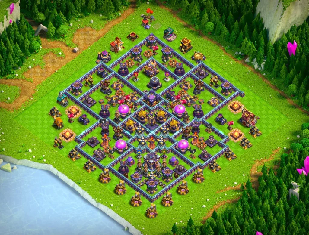 TH15 Farming Base Diamond Cross Layout with Bottom-Offset Town Hall and Centralized Core Protection