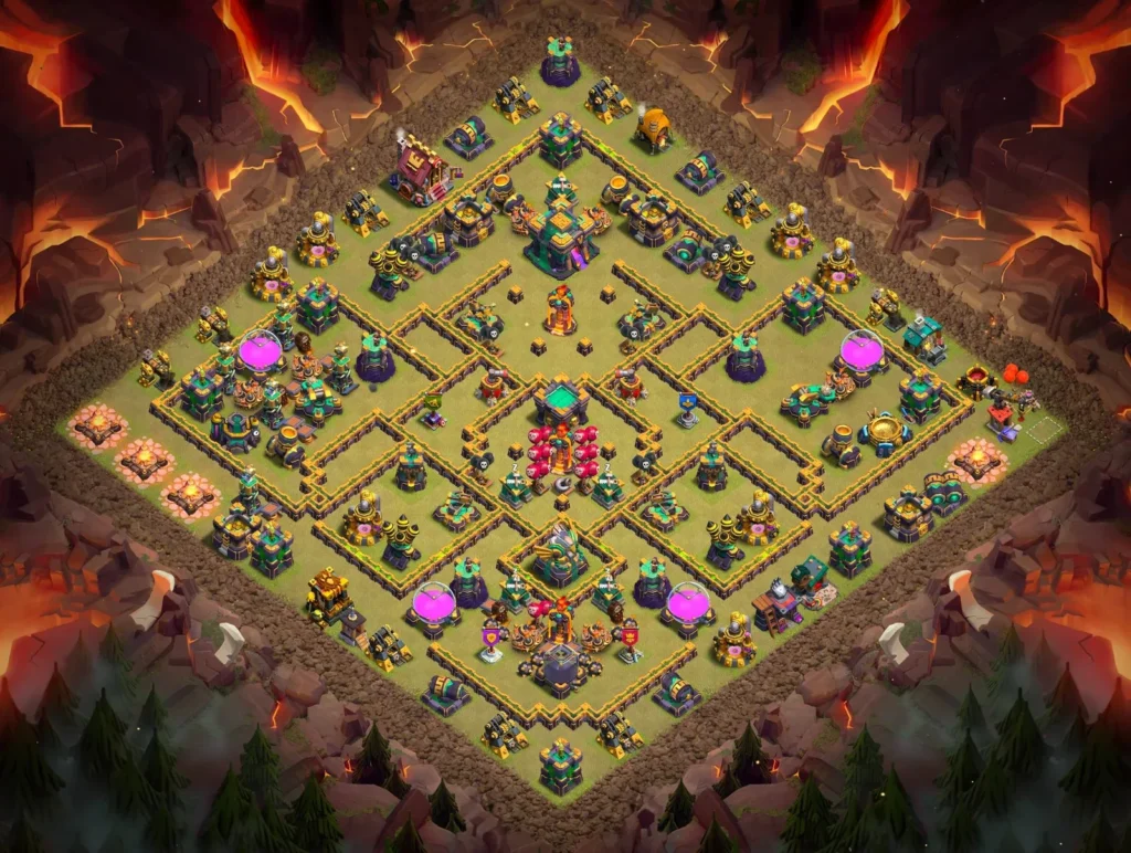 TH14 Anti-3-Star Symmetrical Diamond War Base with Centralized Clan Castle and Fortified Core