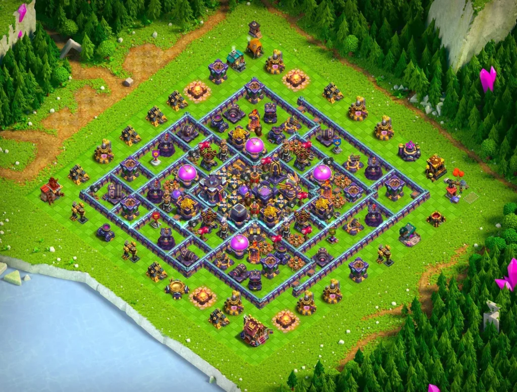 TH15 Farming Base Symmetrical Diamond Layout with Centralized Core and Nested Ring Protection