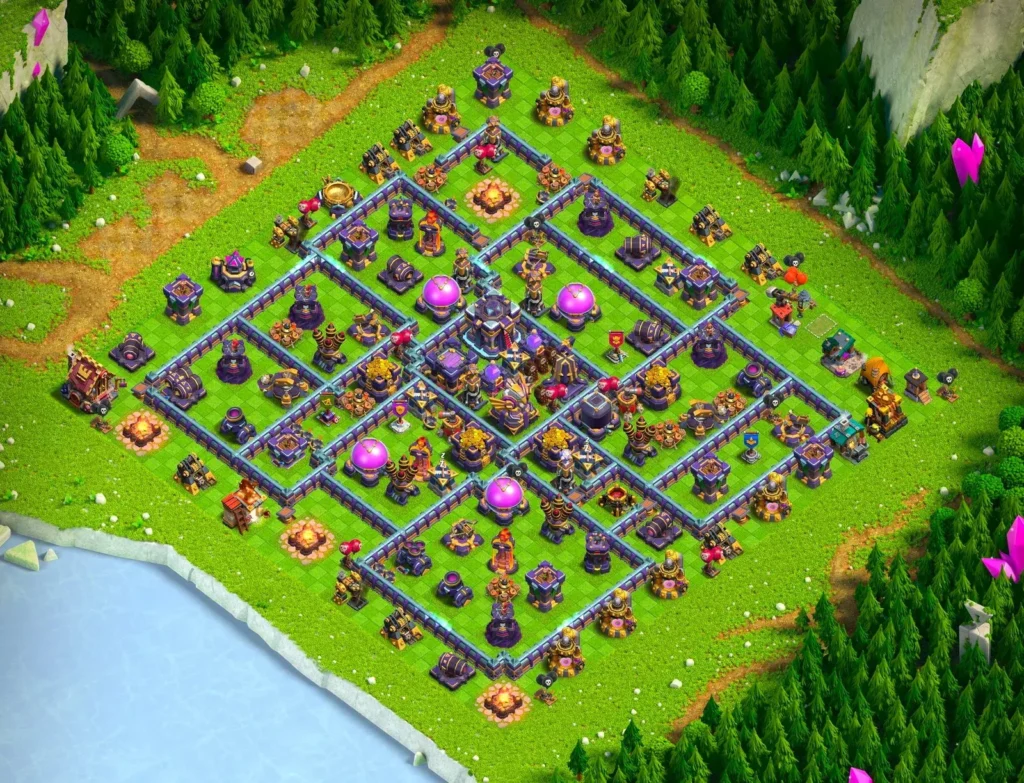 TH15 Farming Base Symmetrical Diamond Layout with Centralized Core and Split Storage Compartments