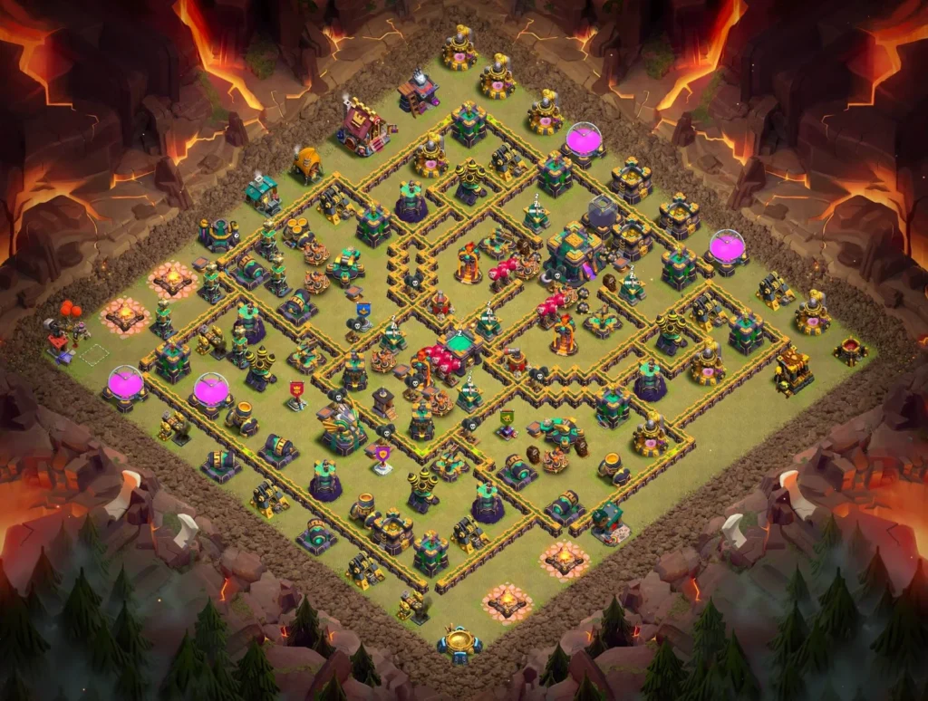 TH14 Anti-3-Star Asymmetrical Diamond War Base with Centralized Clan Castle and Segmented Core