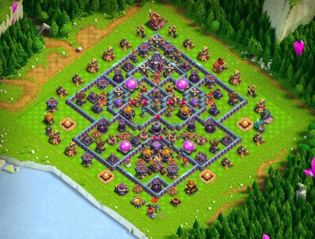 TH15 Farming Base Diamond Cross Layout with Dual-Offset Core Segments for Loot Protection