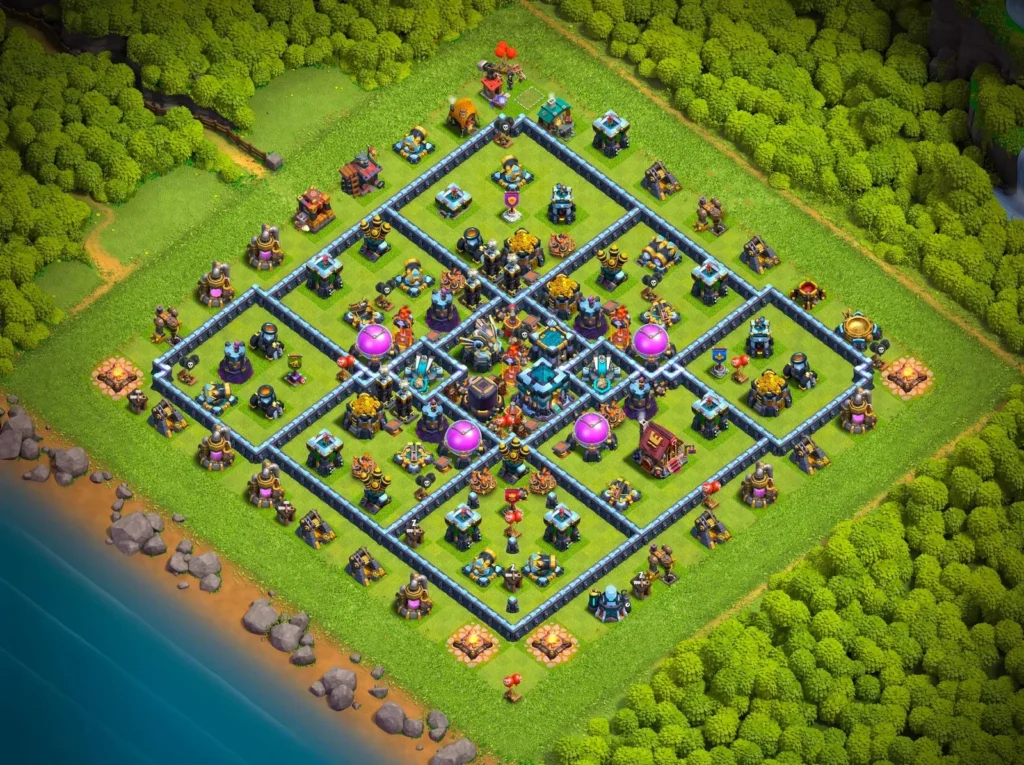 TH13 Farming Base: Symmetric Diamond Core Grid Layout