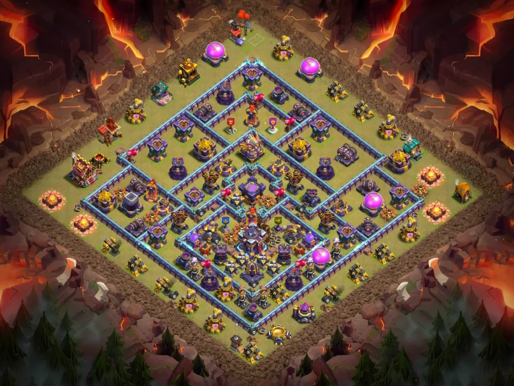TH15 Anti-3 Star Concentric Diamond Layout with Bottom-Offset Core for Clan Wars and CWL