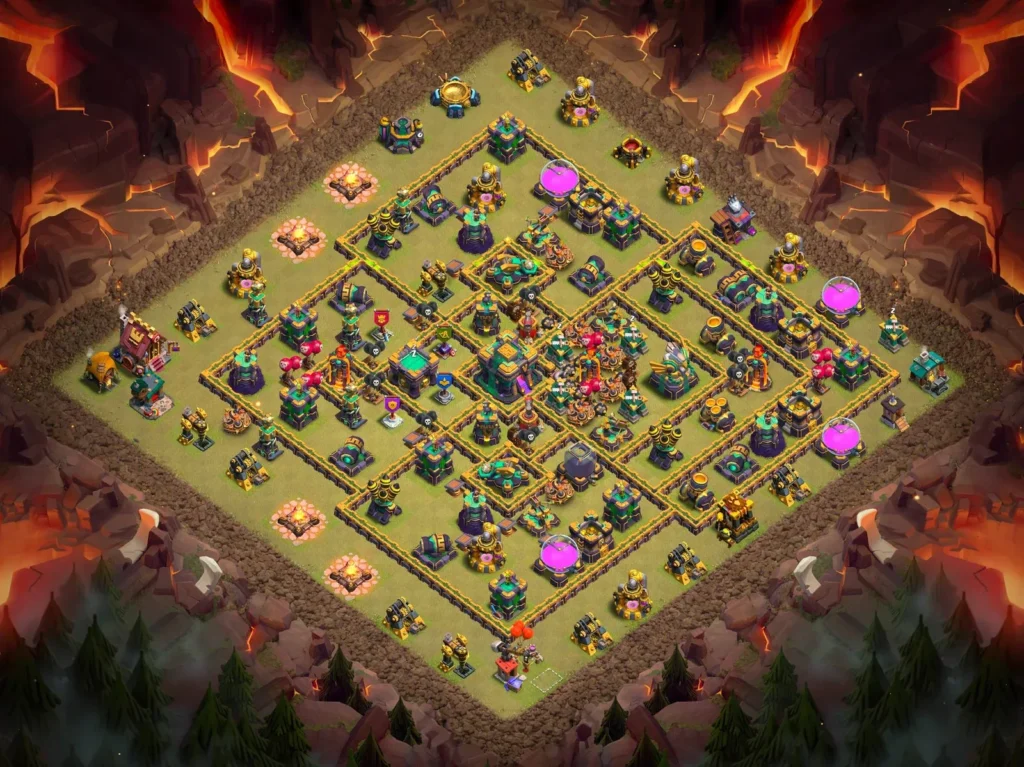 TH14 Anti-3-Star Symmetrical Diamond War Base with Centralized Town Hall and Concentric Defense Layers