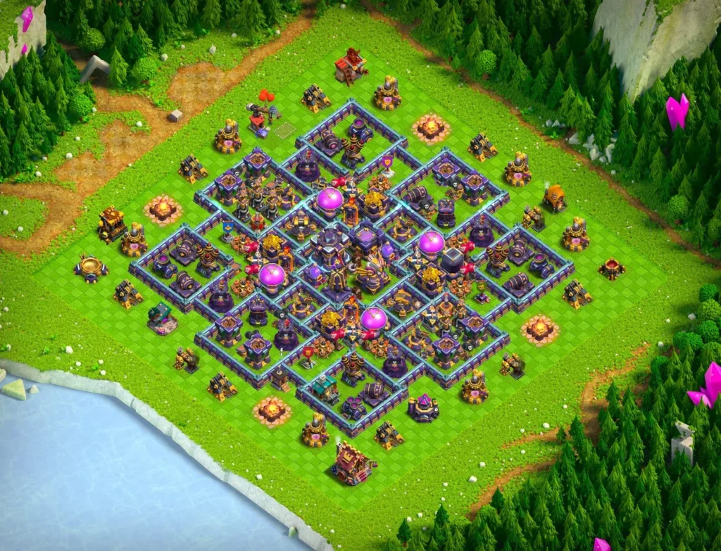 TH15 Farming Base Symmetrical Diamond Layout with Centralized Core and Split Storage Compartments
