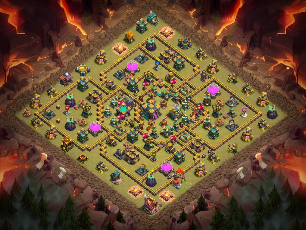 TH14 Anti-3-Star Compact Diamond Layout with Centralized Town Hall and Core Split Compartments
